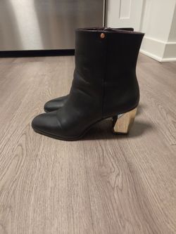 Black Leather Ankle Boots with Wood Block Heel