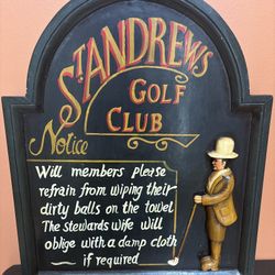 Vintage Style St. Andrews Golf Club Wooden Plaque w/ Carved Golfer Figure
