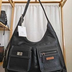 New Black Shoulder Hobo Bag – Large Capacity, Contrast Stitching, Multiple Front Pockets