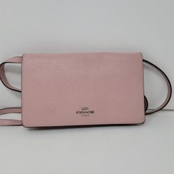 Coach Anna Foldover Pink Pebbled Leather Clutch W/ Strap 