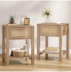 Boho Rattan Nightstand Set of 2 with Storage Shelf – Natural Wood