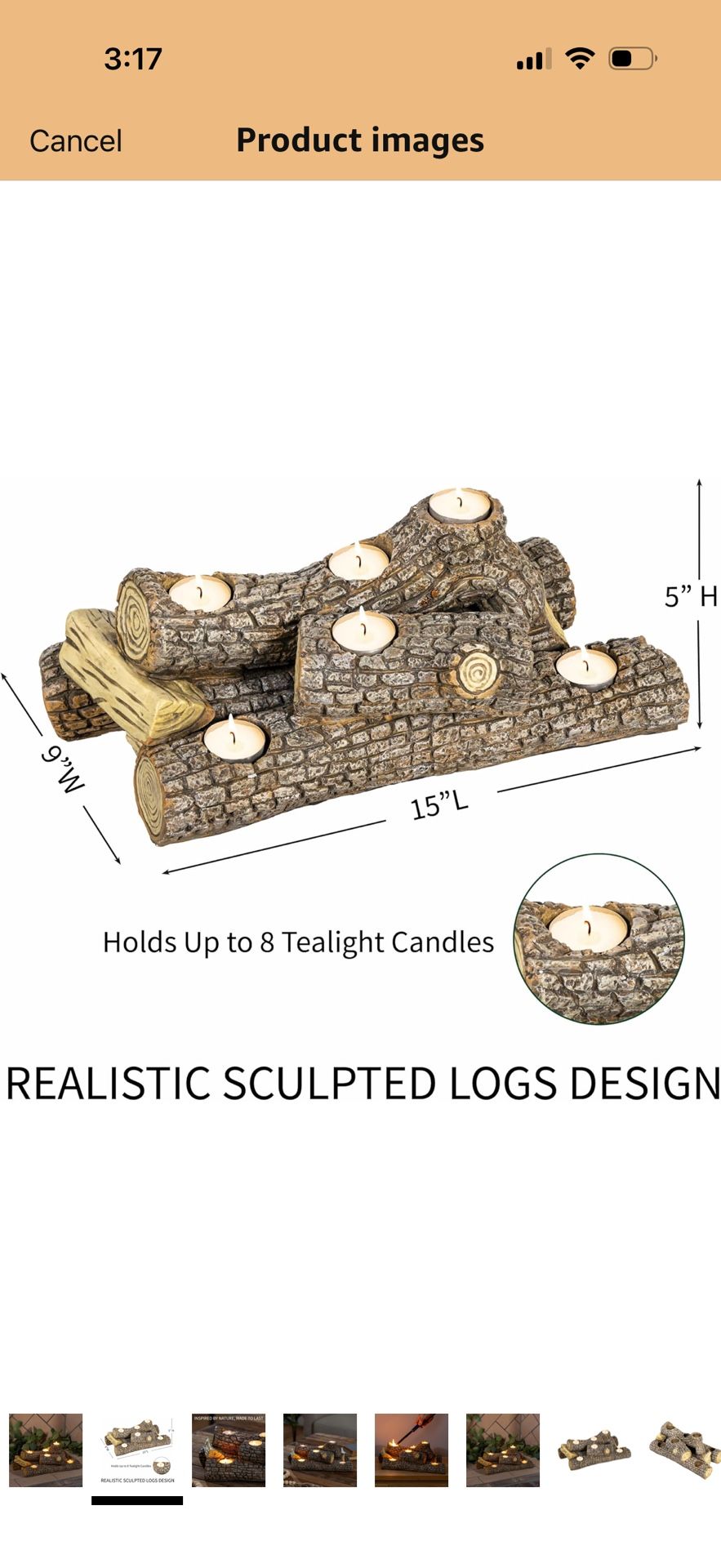 Plow & Hearth Faux Oak Wood Resin Logs Candle Holder for Fireplace | Romantic Ambiance Without Heat or Mess | Holds 8 Tea Lights| Realistic Sculpted L