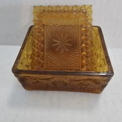 Vintage Golden Glass Dresser Jar. Textured with Stars, Diamonds, Flowers and Vines. Beautiful Amber Dresser Jar. Rectangular.