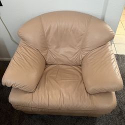 Natuzzi Beige Italian Leather Arm Chair w/Ottoman