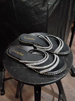 Lucita Black Flat Slide Sandals With Silver Rhinestone Straps. Size 7.