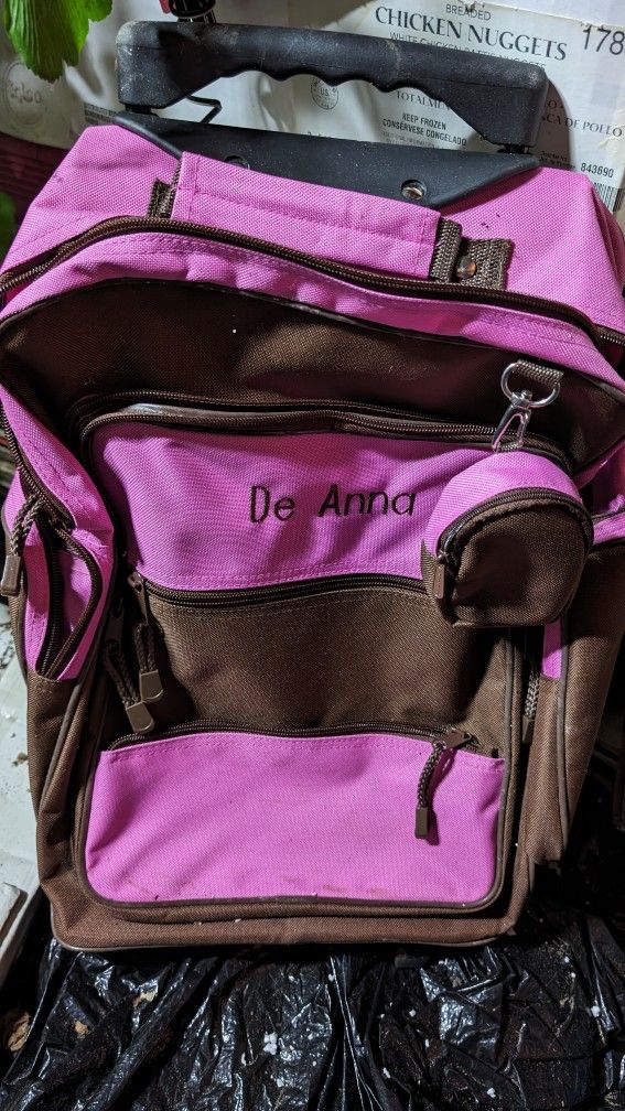 NEW Monogramed De Anna Rolling Bookbag With A Collapsible Handle. Great For School Or Suitcase.