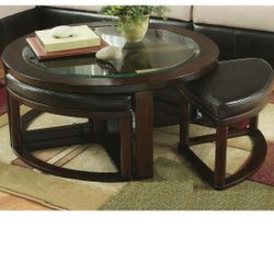 Roundhill Furniture Cylina Solid Wood Glass Top Round Coffee Table with 4 Stools, Espresso
