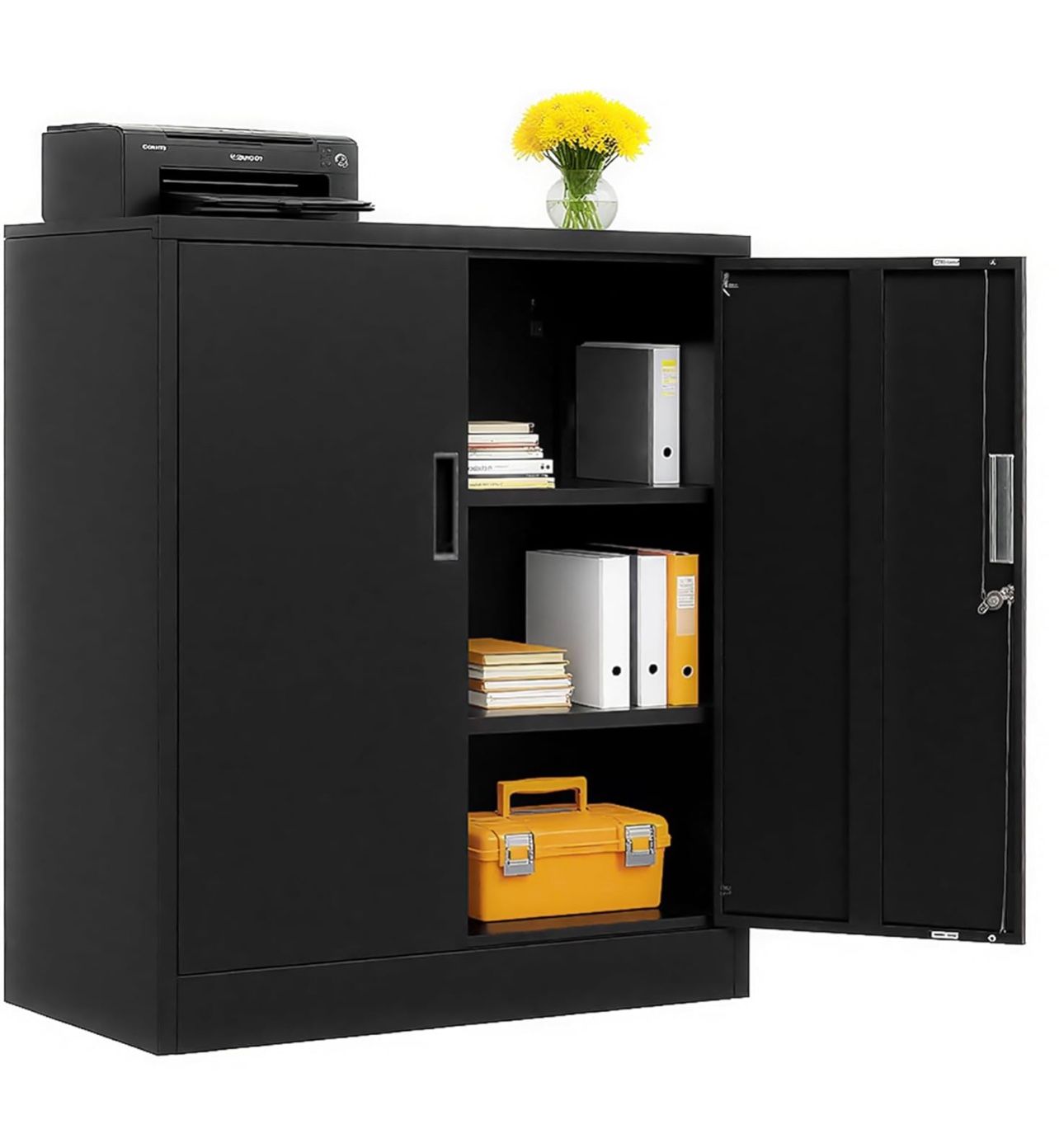 Metal Storage Cabinet 36" H, Black Steel Locking Cabinet with 2 Lockable Doors and 2 Adjustable Shelves for Home Office, Garage, School, Apartment, Wa