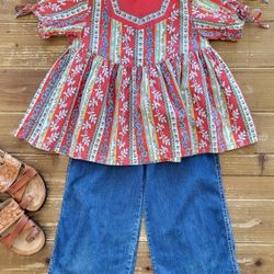 SIZE 9-10 2-PIECE OUTFIT VINTAGE BABYDOLL TUNIC W/WIDE-LEG CHAMBRAY CAPRIS