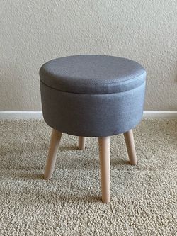 Small Round Ottoman Footstool with Storage Gray Upholstered