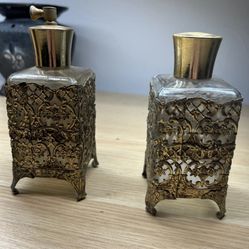 Vintage Perfume Bottles Gold Brass Tone Metal Filigree & jewelry box Set
