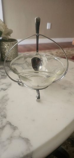 Vintage 1930s-1950s English Chrome Jam & Condiment Dish Set with Spoon - Complete 3pc