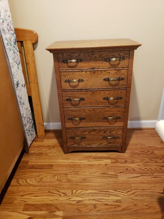 Brown Stained Oak Wood Tall Dresser- 5 Drawers