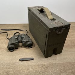 WWI Military Binoculars with Wood Field Case & Named Pocket Knife