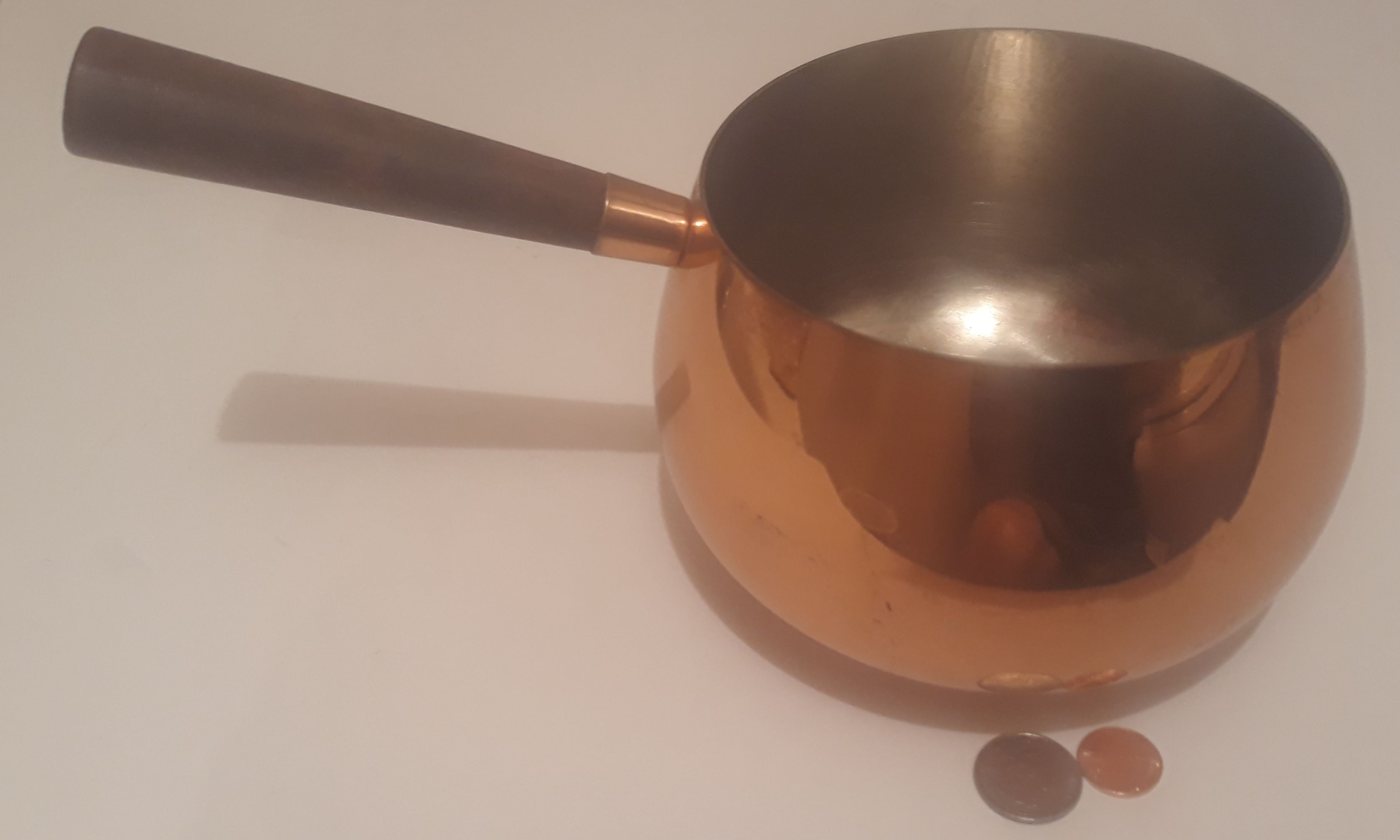 Vintage Copper Metal Cooking Pot with Wooden Handle, 10" Long, and 6" x 4" Pot Size, Kitchen Decor, Shelf Display, Cooking,