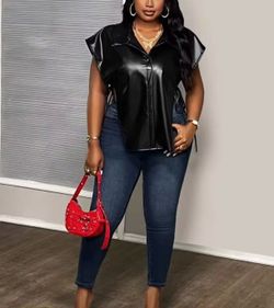 Black Faux Leather Sleeveless Button-Up Top