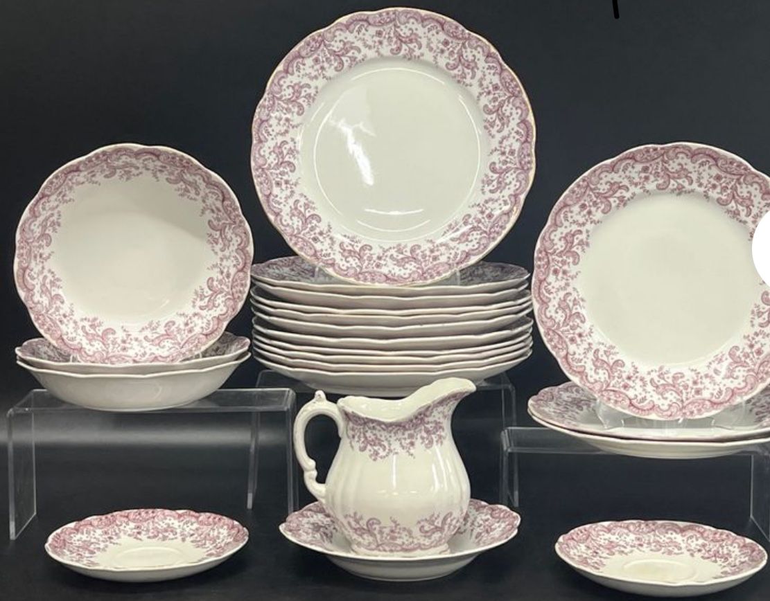 Fine Vintage John Maddock & Sons Royal Vitreous Seville 250118 China Dinner Plates, Side Plates, Bowls, Creamer, and Saucers