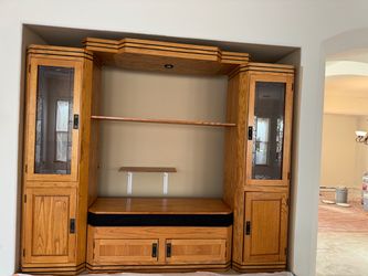 Free solid wood media table and matching shelves