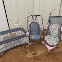 Baby Doll Crib, Car seat and Stroller 