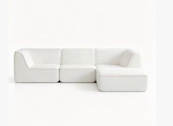 Boneless sofa, 3-seater, modular, white L-shaped, teddy fabric, with ottoman, deep and plush seating, curved and comfy, includes 3 cushions