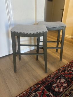 Set of 2 Upholstered 28” Counter Height Barstools – Gray Fabric, Nailhead Trim