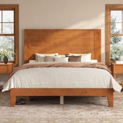 Queen Size Solid Pine Wood Platform Bed Frame with 47.2" Headboard, Wood Slats, Brown