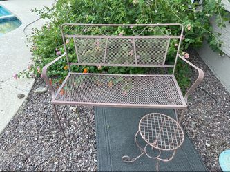 Vintage Wrought Iron Garden Bench with Side Table