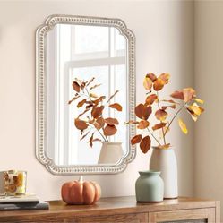 ULIKE Wood Mirror with Beads, 20"x30" Rustic Farmhouse Mirror for Bathroom, Boho Decorative Mirror for Nursery, Bedroom, Living Room, Entryway