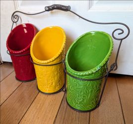 vintage wire caddy basket with set of 3 colorful utensil holder jars