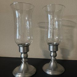 Vintage Pewter Candleholders With Etched Glass Chimneys (hurricanes)