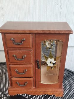 Vintage Wooden Jewelry Box Armoire Drawers Floral Glass Door 10” Tall Heavy