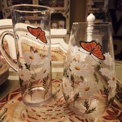 Beautiful Butterfly & Bee Handpainted Glass Pitcher And Matching Vase. ($25 Each or $40 Both).