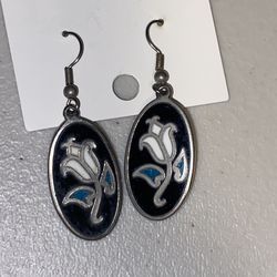 Vintage Blue White and Black Enamel Tulip or Rose Flower Metal Earrings