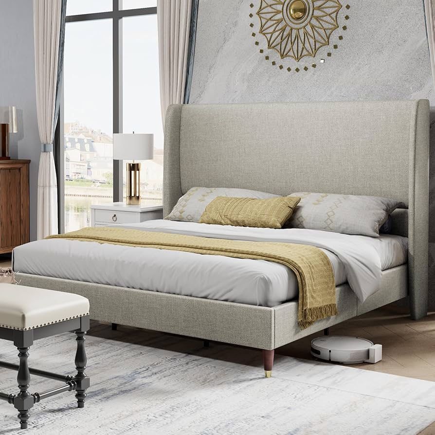 Full Platform Bed Frame 51.2" High Headboard Tall Upholstered Bed/No Box Spring Required/Wood Slat Support/Easy Assembly/Light Khaki