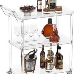 Acrylic Bar Cart with 4 Lockable Wheels, 30.5" L x 15.2" W x 34.5" H, Rolling Serving Cart for The Home Bar, Kitchen, Living Room, with Pulling Handle