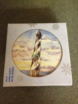 Absorba-stone lighthouse Christmas wreath cup coaster set of 4