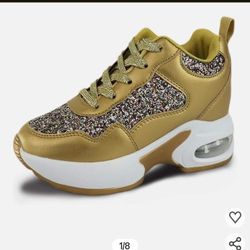 Women's High Heels Sneakers Gold And White 
