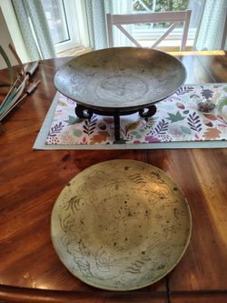 (2) Vintage Asian Engraved Brass Dragon Bowls with (1) Pierced Wooden Stand
