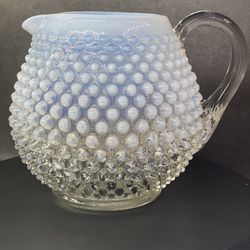3) pieces of Vintage Fenton  French Pitcher, Vase & candle holder. Hobnail White/Light Blue Milk Glass. Squat Jug with Handle,5.4" x 6",32 oz. , Pilar