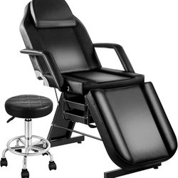 Tattoo chair for client, facial beds for beautician with hydraulic stool, black tilting chair for tattoo, adjustable backrest, massage table, spa, eye