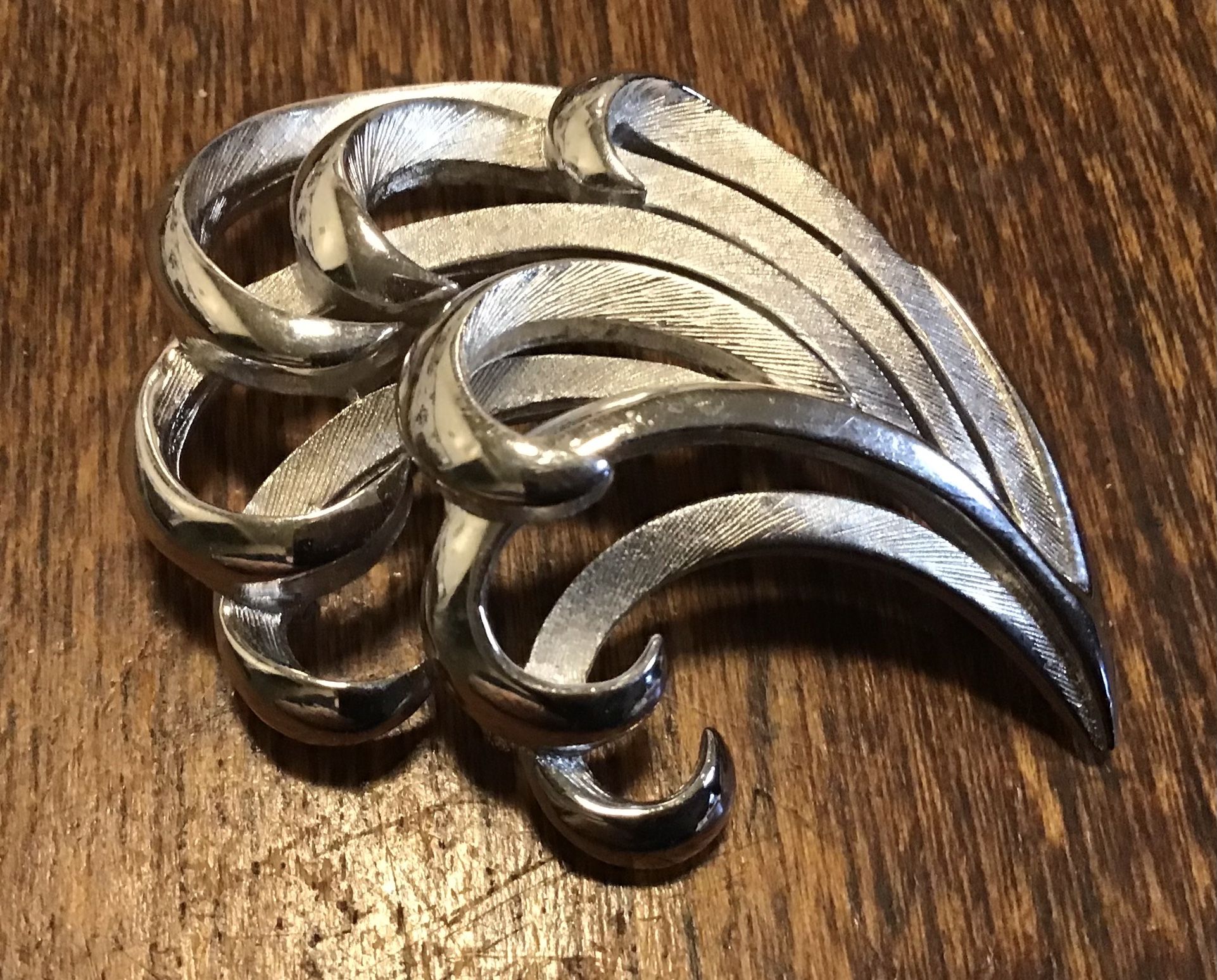 Crown Trifari  Silvertone feather Brooch 