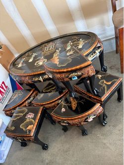 Vintage Chinese center table w/ six chairs/stools
