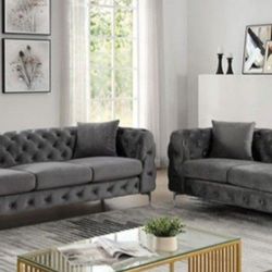 Brand New Dark Gray Tufted  Sofa And Love Seat 