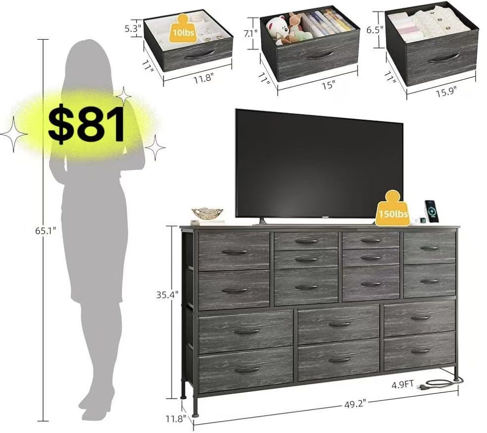 😀 11.8"Dx49.2”Wx35.4”H Dresser TV Stand with Power Outlet 60" TV Stands for Living Room Dresser for Bedroom with 16 Fabric Drawers for TV Stand
