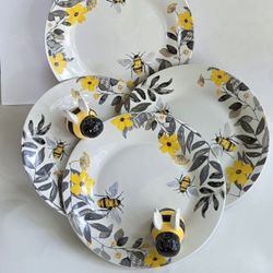Royal Norfolk Spring Bee Floral Dinner & Salad Plates With Bee Salt And Pepper Shakers