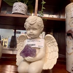 Vintage Style Cherub Angel Ceramic Statue Figure Holding A Natural Raw Amethyst Cluster