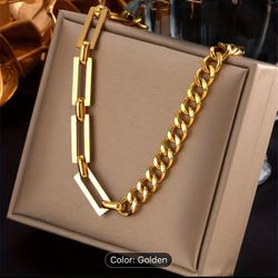  Fashion Stainless Steel 18 KGold Plated Square Buckle Chain Necklace 