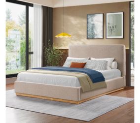 Aspen Wood Base Full Upholstered Beige Boucle Platform Bed