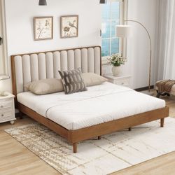 King Size Bed with Piano Key Upholstered Headboard, Solid Wood Frame(New In A Box)