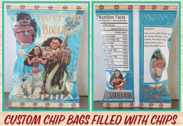 Moana themed treat bags, party favors, decorations filled with chips